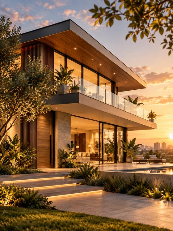 Casa moderna ao pôr do sol com varanda de vidro
