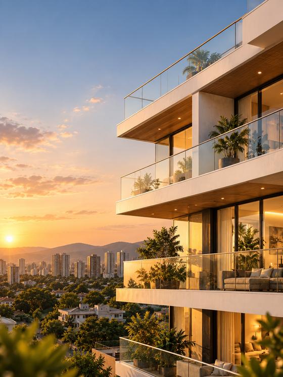 Prédio residencial com varandas ao entardecer